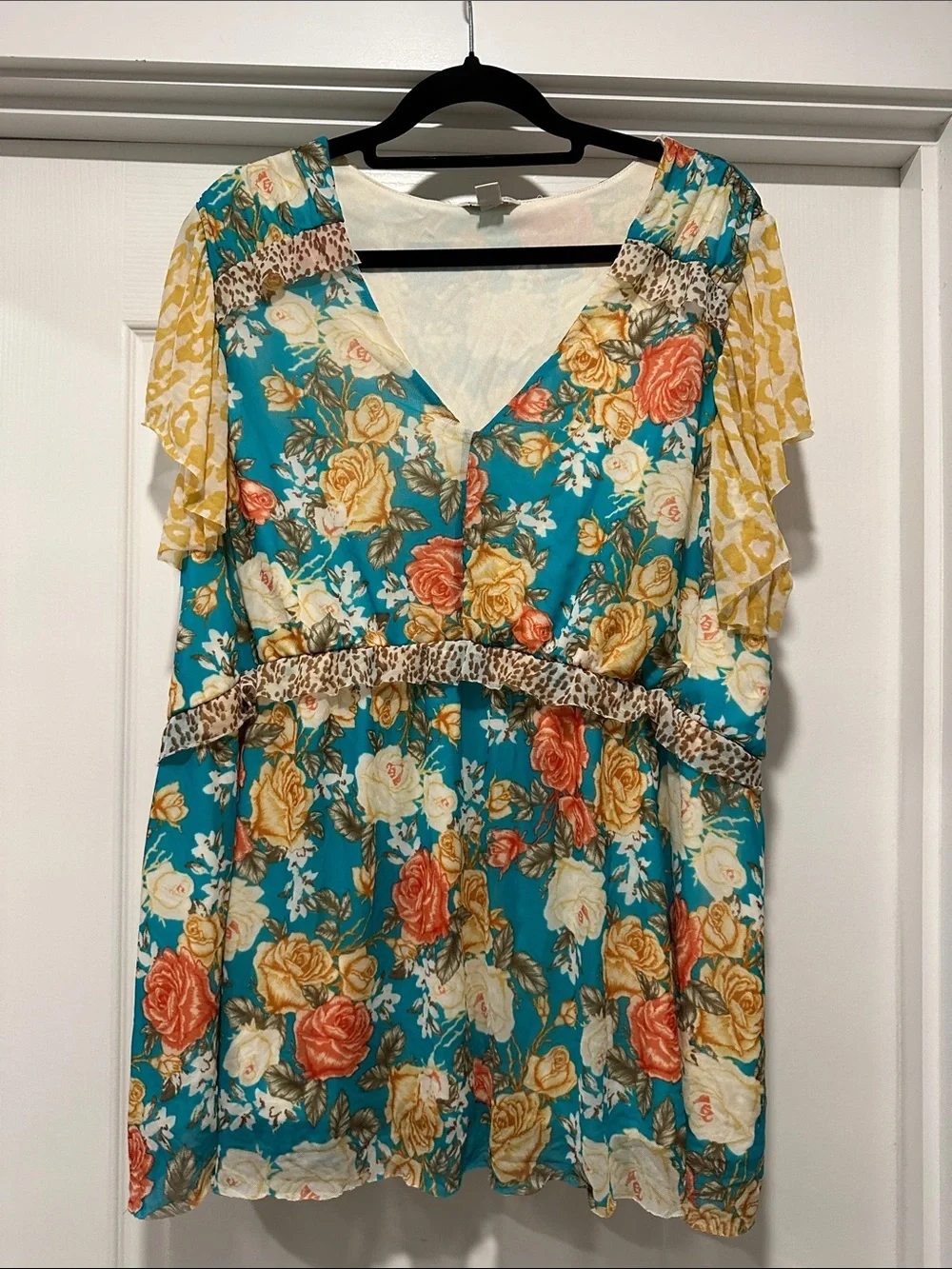 Teal Floral V-Neck Peasant Top with Yellow Accent Sleeves - Picture 1 of 3